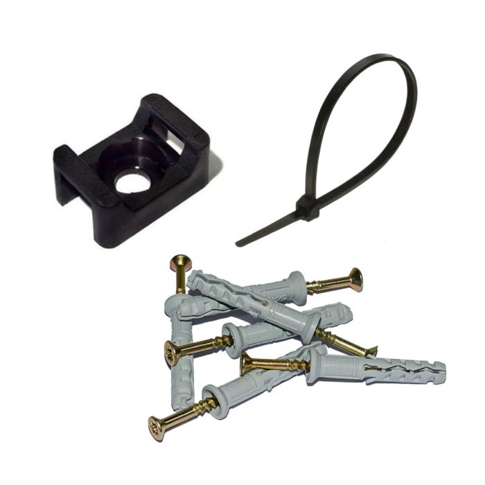 Монтажний комплект: Стяжка Relfix 4 x 250 мм (100 шт/уп) чорна + Майданчик для стяжки під дюбель 13 x 18 мм чорний (100шт) + Дюбелі швидкого монтажу 6 x 40 мм потай (100 шт/уп)