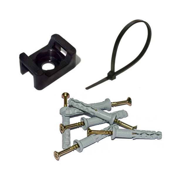 Монтажний комплект: Стяжка Relfix 5 x 450 мм (100 шт/уп) чорна + Майданчик для стяжки під дюбель 16 x 22 мм чорний (100шт) + Дюбелі швидкого монтажу 6 x 40 мм потай (100 шт/уп)