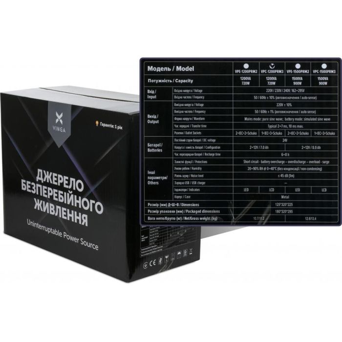 Джерело безперебійного живлення Vinga VPC-1200PRM3 1200ВА / 720 Вт з LED-дисплеєм у металевому корпусі