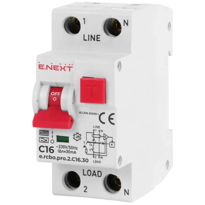 Enext e.rcbo.pro.2.C16.30, 1P+N, 16А, С, тип А, 30 Вимикач диференціального струму із захистом від надструмів
