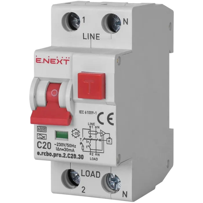 Enext e.rcbo.pro.2.C20.30, 1P+N, 20А, С, тип А, 30 Вимикач диференціального струму із захистом від надструмів