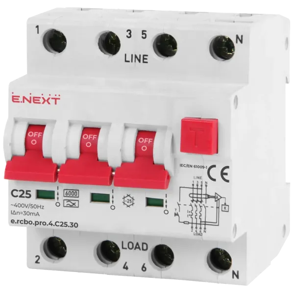 Enext e.rcbo.pro.4.C25.30, 3P+N, 25А, С, тип А, 30 Вимикач диференціального струму із захистом від надструмів