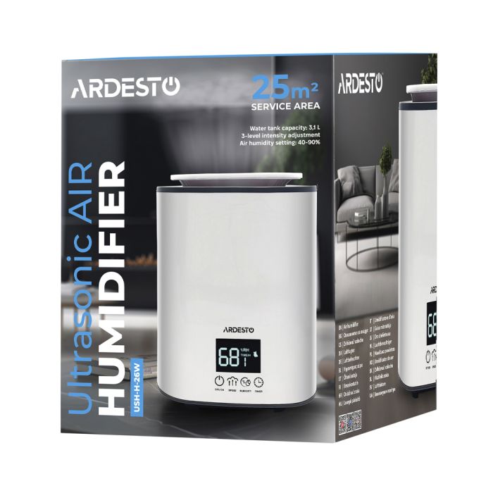 Зволожувач повітря ARDESTO USH-H-26W до 25м² ультразвуковий з сенсорним управлінням і таймером, білий