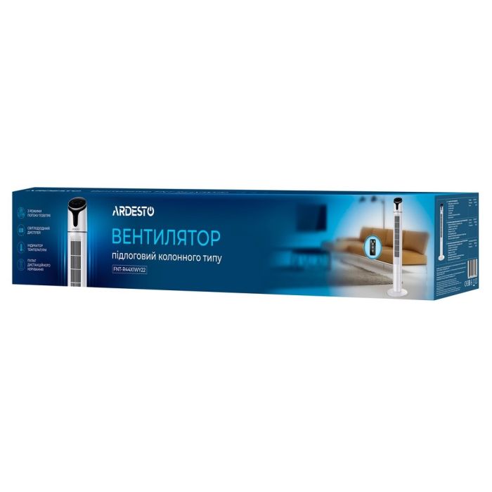 Вентилятор підлоговий Ardesto FNT-R44X1WY22 колонного типу, висота 110 см, 50 Вт, дисплей, таймер, пульт ДК, білий