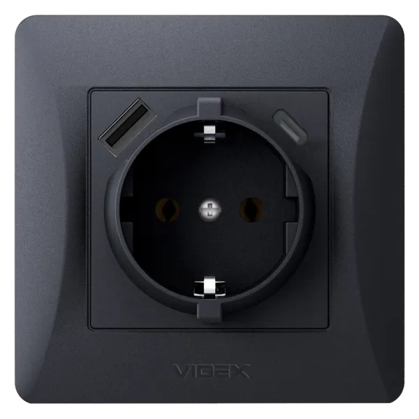 VIDEX BINERA Розетка одинарна із заземленням з USB+USB-C чорний графіт