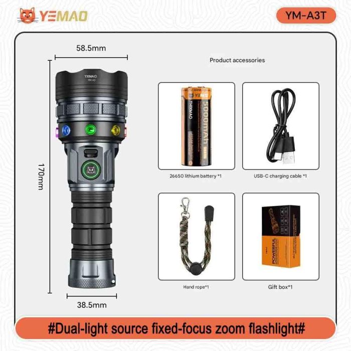 Фонарь YEMAO YM-A3T 1+18LED, 1x26650, ЗУ Type-C, zoom, магнит