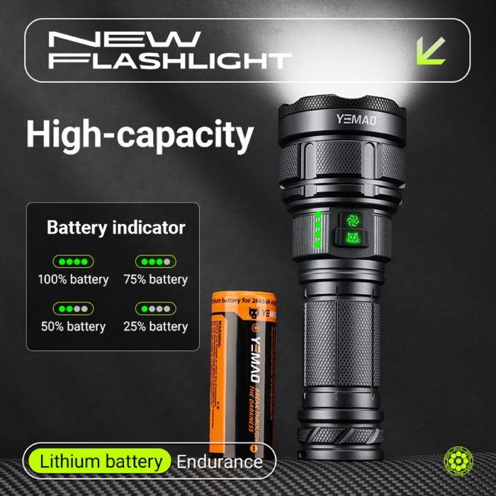 Фонарь YEMAO YM-A9 9LED, 2x26650, Power Bank, ЗУ Type-C, колпачек, 3 фильтра
