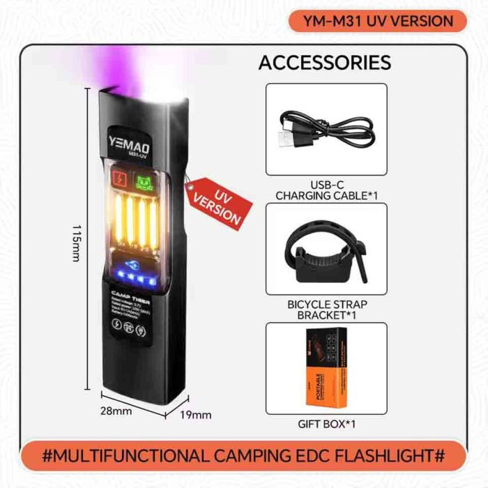 Фонарь YEMAO YM-M31-UV P50+UV+SMD(RGB), Li-Ion аккумулятор, ЗУ Type-C, магнит, зажим