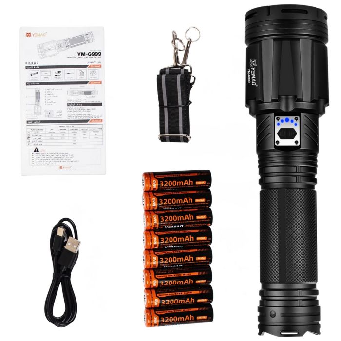 Зенитно-поисковый фонарь YEMAO YM-G999-60W, 5000LM, аккумуляторы 8x18650 (8x3200 mAh), чехол