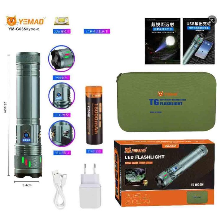 Фонарь YEMAO YM-G635 TG 30W, 1x401350, Power Bank, ЗУ Type-C, zoom, кейс