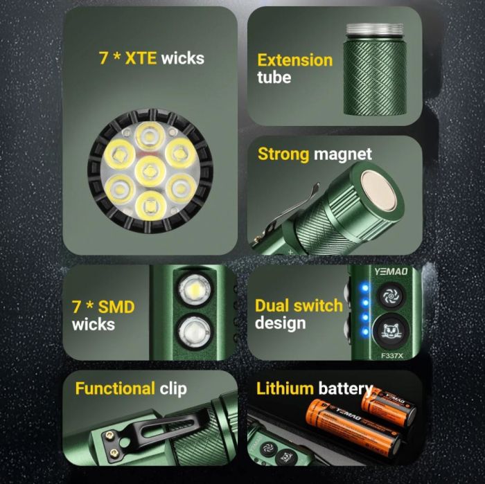 Тактический фонарь YEMAO YM-F337X, 3500LM, аккумуляторы 18650 + 18350 (3200 + 1500 mAh), боковые светодиоды (красный, синий,