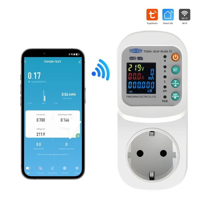 Розумна розетка з реле контролю напруги та струму з Wi-Fi (Tuya) TOMZN TOSVA-16LW EU 16A, моніторинг енергоспоживання, захист від витоку струму