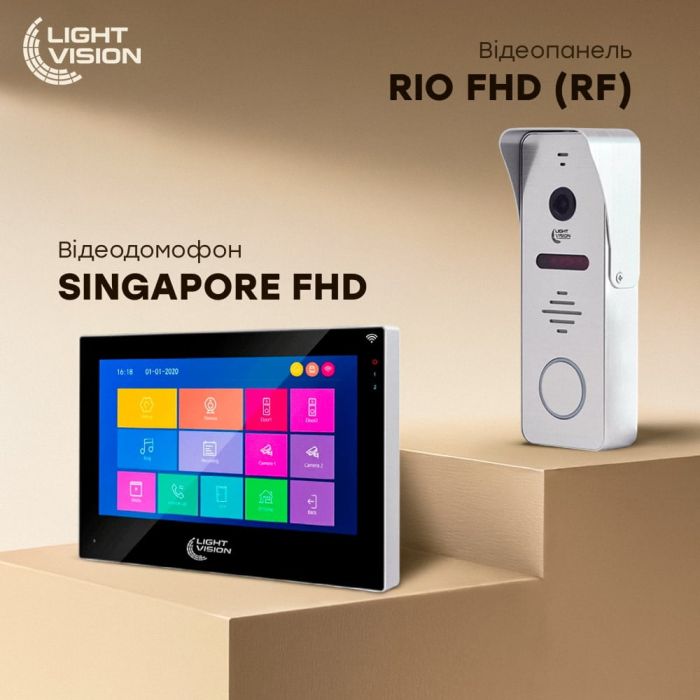 Комплект відеодомофона Light Vision: домофон 10" SINGAPORE (AI) FHD Black та відеопанель RIO FHD Silver