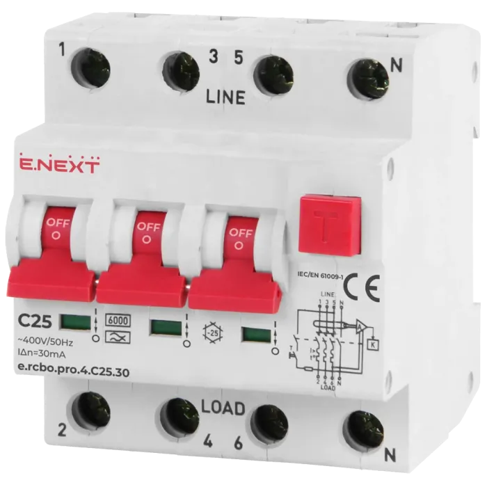 Enext e.rcbo.pro.4.C25.30, 3P+N, 25А, С, тип А, 30 Вимикач диференціального струму із захистом від надструмів