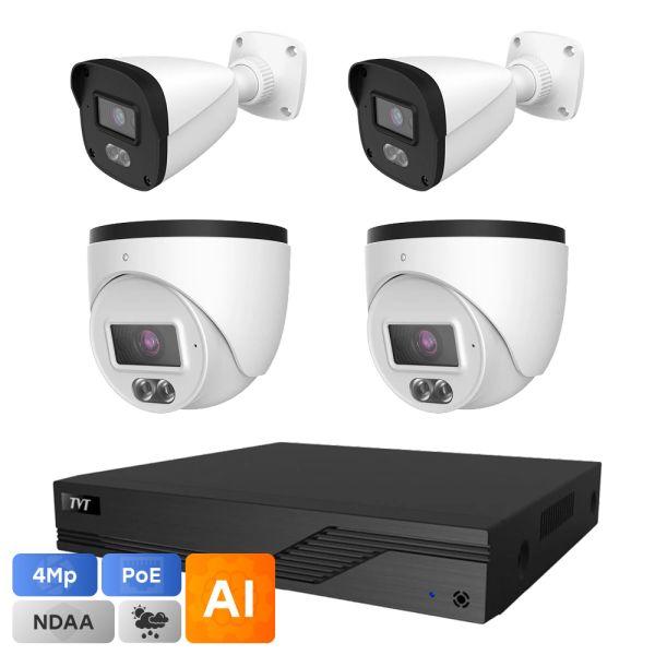 Комплект IP-відеонагляду на 4 камери TVT IP-Video Kit 4x4Mp (T/B) PoE: 2 купольні 4Mp відеокамери + 2 циліндричні 4Mp відеокамери + 4-канальний 6Mp відеореєстратор