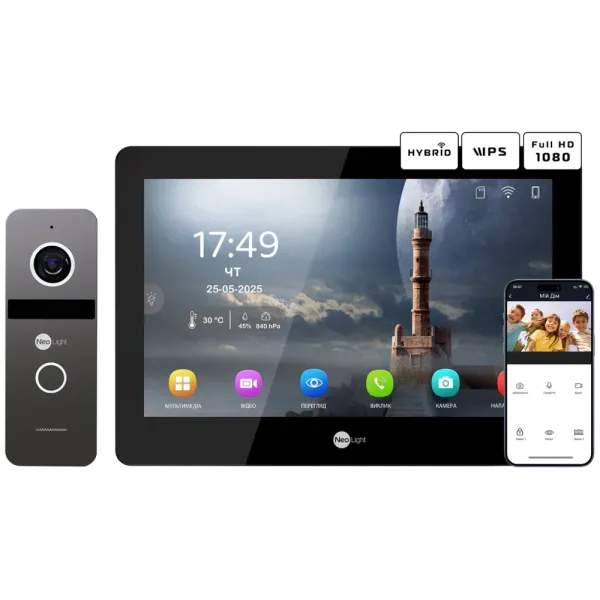 Neolight MEZZO Hybrid Black + SOLO IPW Graphite з кутком, PoE адаптер для панелі виклику Комплект відеодомофону