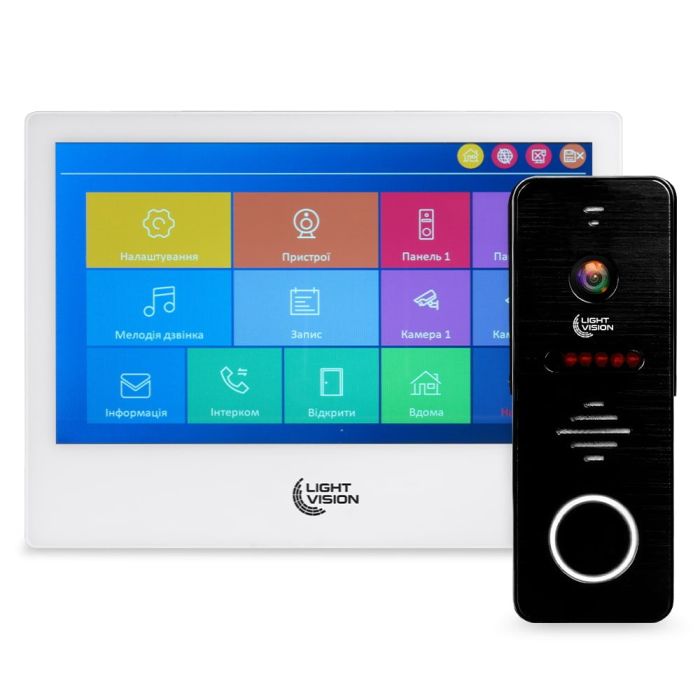 Комплект відеодомофона Light Vision: домофон 10" SINGAPORE (AI) FHD White та відеопанель RIO FHD Black