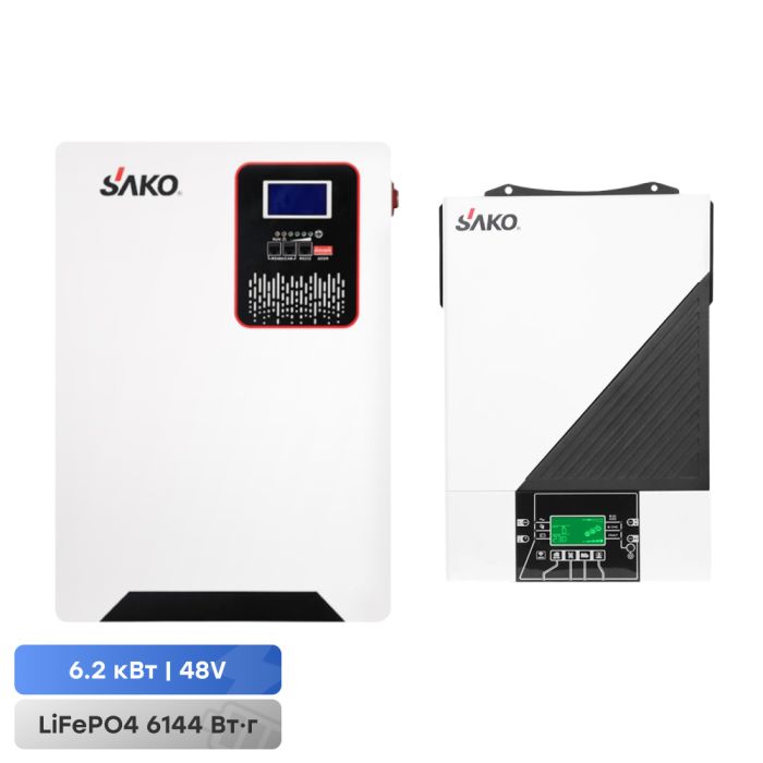 Комплект резервного живлення Sako: гібридний інвертор 6.2 кВт SUNON IV 48В +120A MPPT й акумуляторна батарея 51.2В 6144Втг Li-Sun series LiFePo4