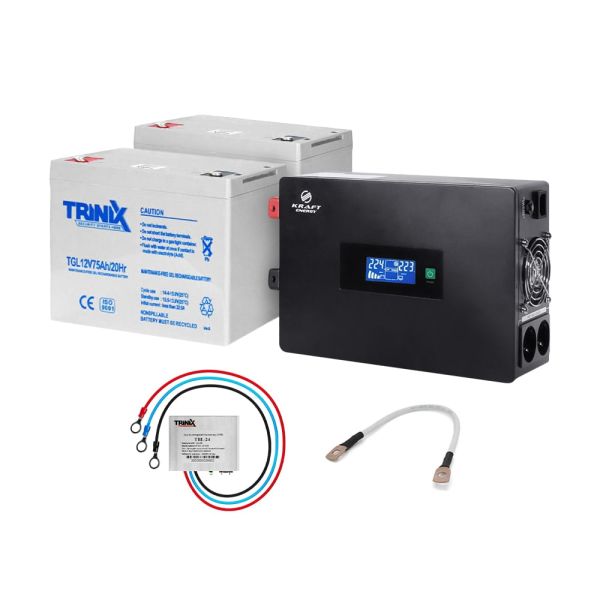 Комплект резервного живлення: високочастотний інвертор 1500VA/1.5kW Kraft + акумуляторна батарея Trinix 12V75Ah/20Hr GEL 2 шт.