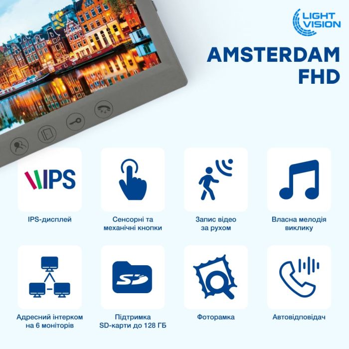 Комплект відеодомофона Light Vision: домофон 7" AMSTERDAM FHD Grey та відеопанель RIO FHD Gold