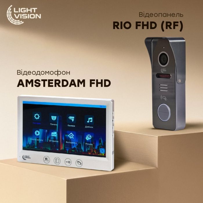 Комплект відеодомофона Light Vision: домофон 7" AMSTERDAM FHD White та відеопанель RIO FHD Grey