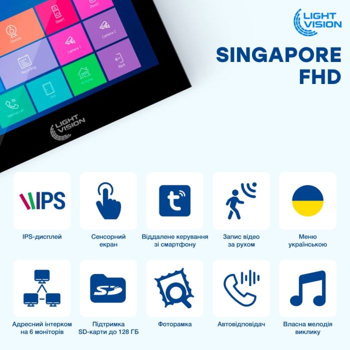 Комплект відеодомофона Light Vision: домофон 10" SINGAPORE (AI) FHD Black та відеопанель RIO FHD Silver