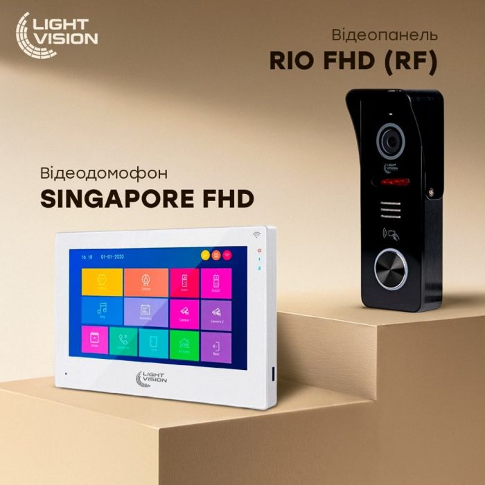 Комплект відеодомофона Light Vision: домофон 10" SINGAPORE (AI) FHD White та відеопанель RIO FHD Black