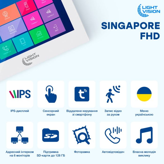Комплект відеодомофона Light Vision: домофон 10" SINGAPORE (AI) FHD White та відеопанель RIO FHD Gold