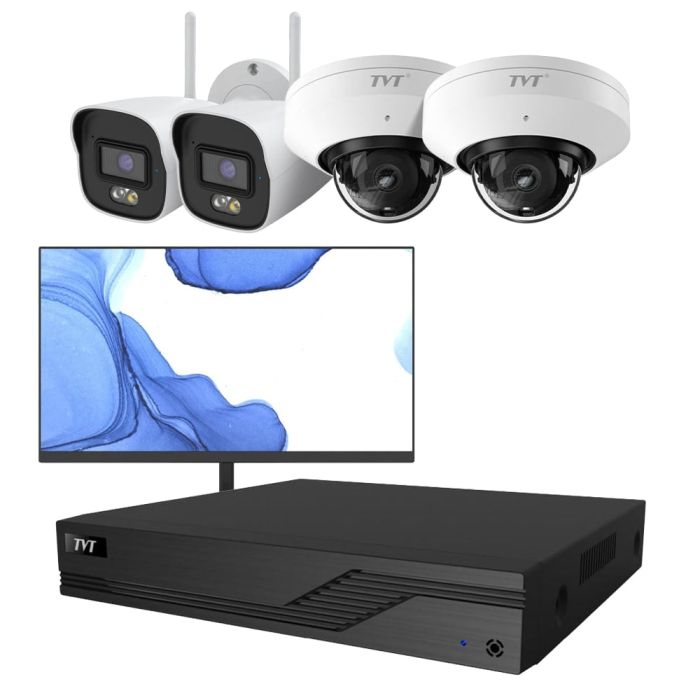 Комплект IP-відеонагляду на 4 камери з монітором TVT IP-Video Kit 4x5Mp (D/B) WiFi Monitor: 2 циліндричні 5Mp WiFi відеокамери + 2 купольні 5Mp WiFi відеокамери + 4-канальний 8Mp відеореєстратор + FullHD монітор