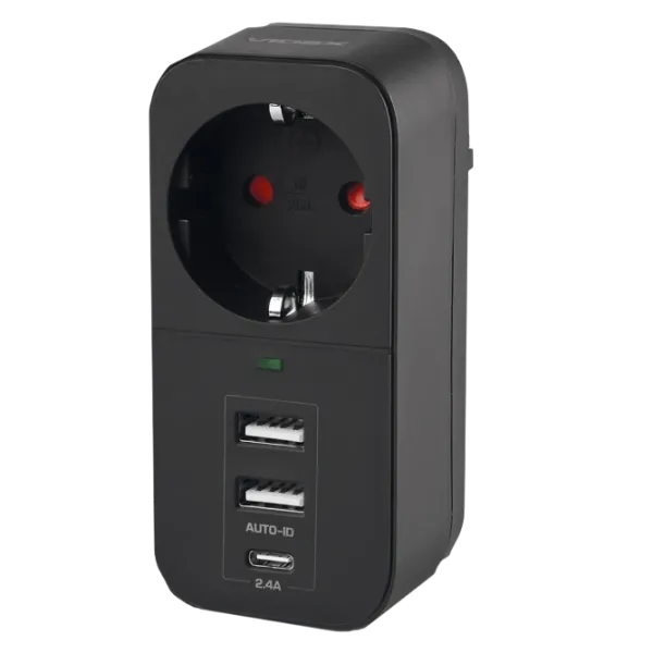 VIDEX ONCORD з/з 1п 2.4A 2USB+USB-C Black Мережевий адаптер з заземленням