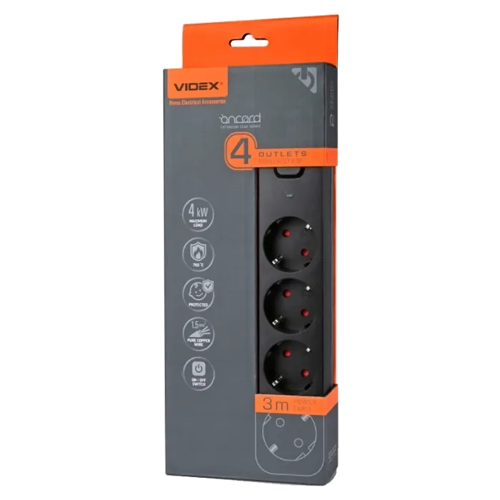 VIDEX ONCORD з/з 4п 3м (3x1.5мм) Мережевий подовжувач з кнопкою Black