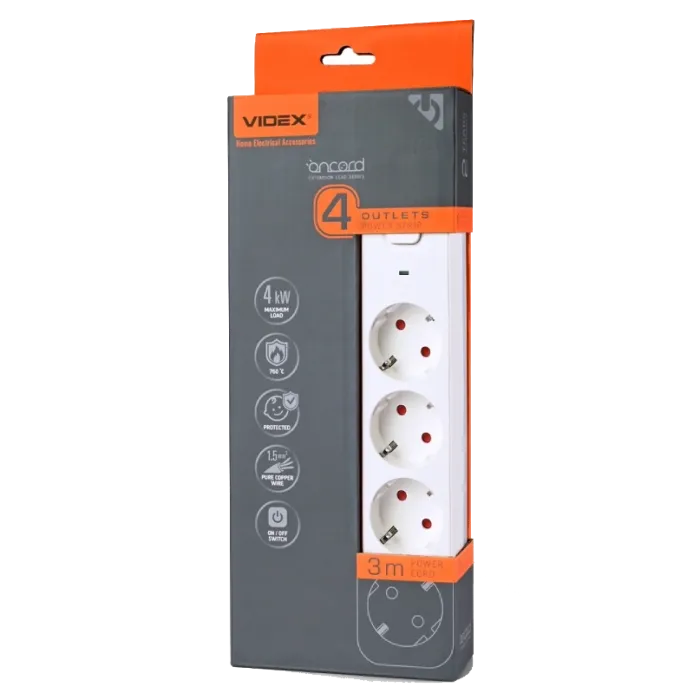 VIDEX ONCORD з/з 4п 3м (3x1.5мм) Мережевий подовжувач з кнопкою White