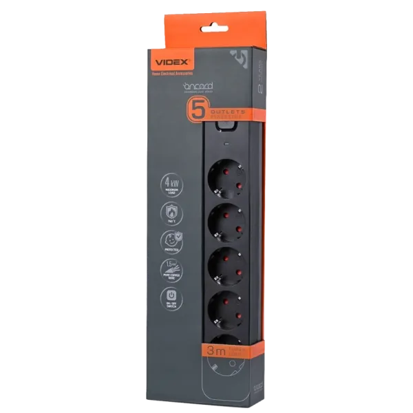 VIDEX ONCORD з/з 5п 3м (3x1.5мм) Мережевий подовжувач з кнопкою Black